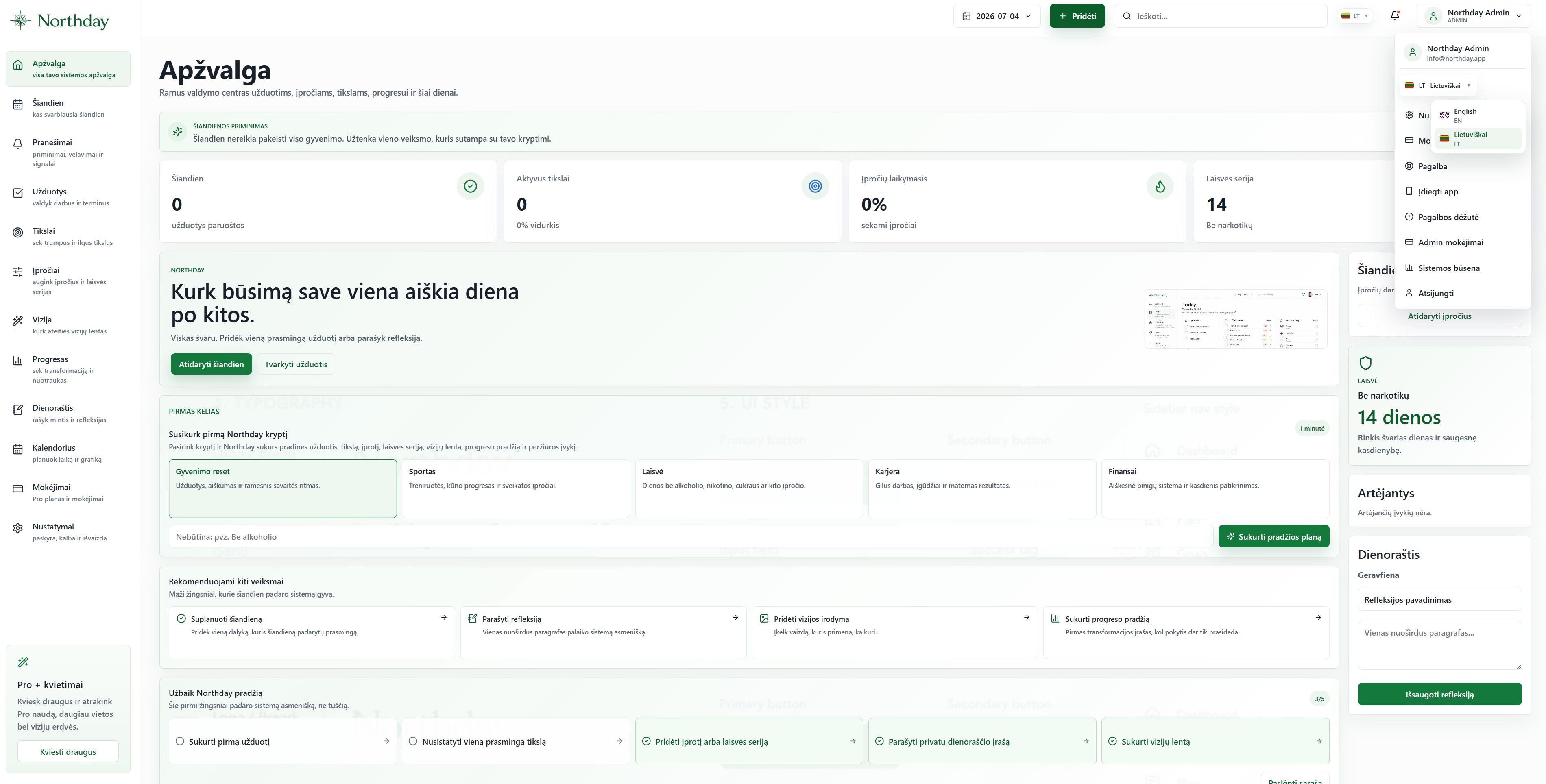 Northday.app - produktyvumo, tikslų, įpročių ir saviugdos sistema